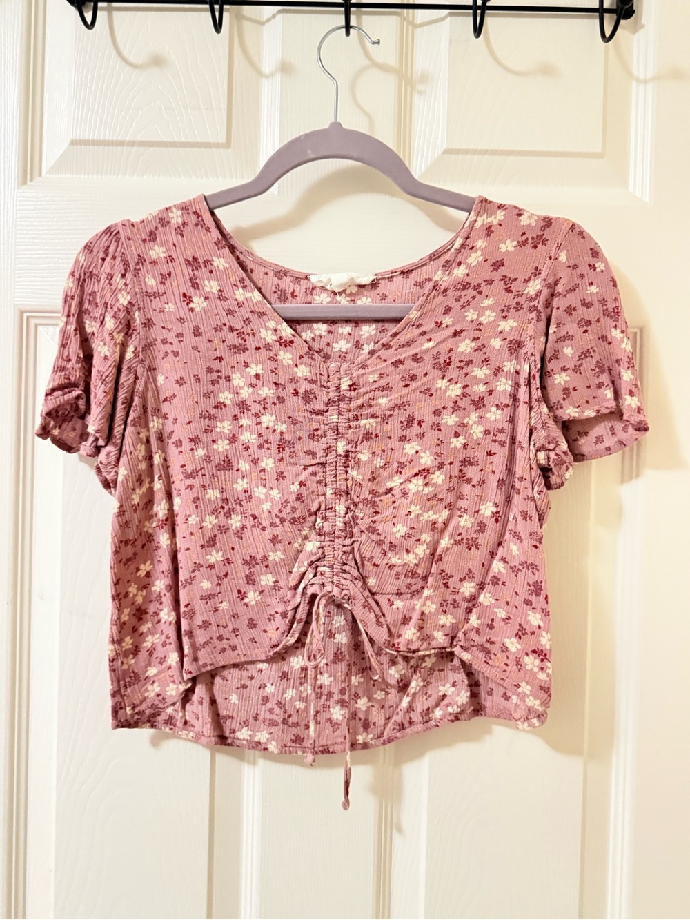 Floral Ruched Drawstring Crop Top - Pink